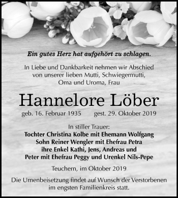 Traueranzeige von Hannelore Löber von Mitteldeutsche Zeitung Weißenfels