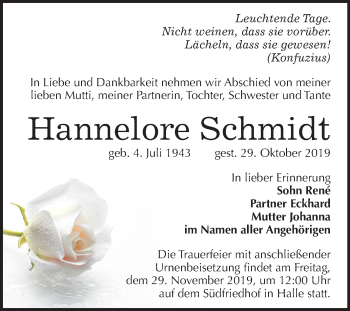 Traueranzeige von Hannelore Schmidt von Mitteldeutsche Zeitung Halle/Saalkreis