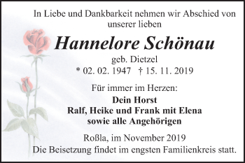 Traueranzeige von Hannelore Schönau von Wochenspiegel Sangerhausen