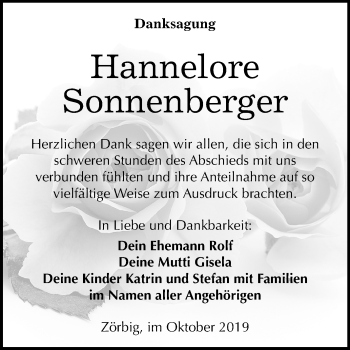 Traueranzeige von Hannelore Sonnenberger von Wochenspiegel Bitterfeld