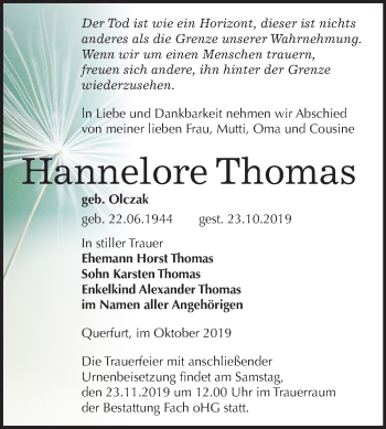 Traueranzeige von Hannelore Thomas von Mitteldeutsche Zeitung Merseburg/Querfurt