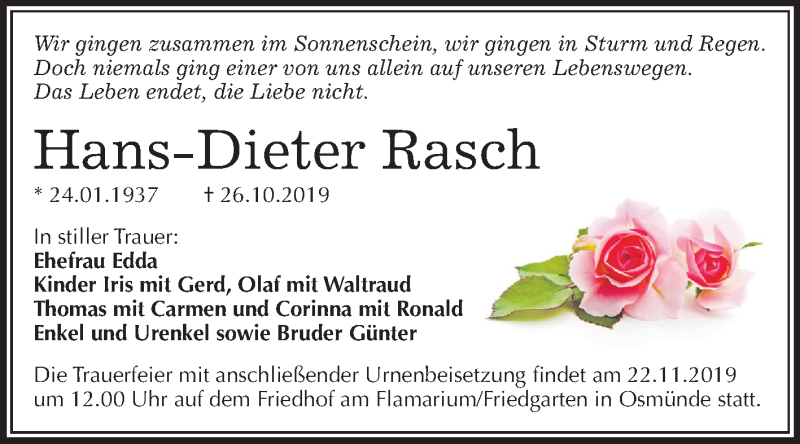  Traueranzeige für Hans-Dieter Rasch vom 02.11.2019 aus Mitteldeutsche Zeitung Halle/Saalkreis