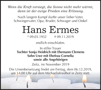 Traueranzeige von Hans Ermes von Mitteldeutsche Zeitung Zeitz