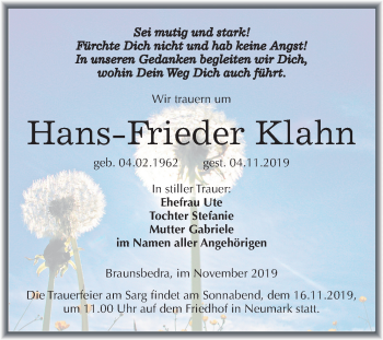 Traueranzeige von Hans-Frieder Klahn von Mitteldeutsche Zeitung Merseburg/Querfurt