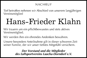 Traueranzeige von Hans-Frieder Klahn von Wochenspiegel Merseburg/Querfurt