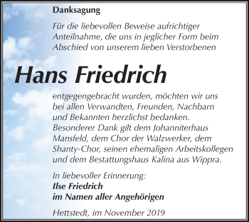 Traueranzeige von Hans Friedrich von Mitteldeutsche Zeitung Mansfelder Land