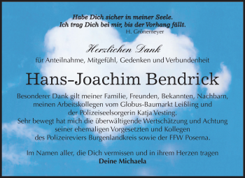 Traueranzeige von Hans-Joachim Bendrick von Mitteldeutsche Zeitung Weißenfels