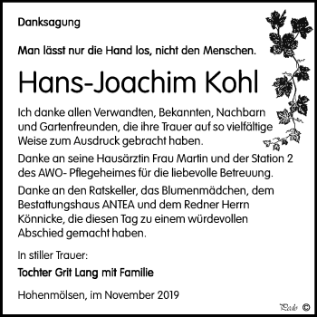 Traueranzeige von Hans-Joachim Kohl von Wochenspiegel Weißenfels