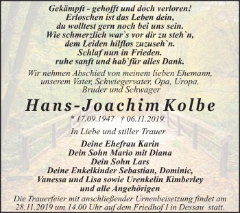 Traueranzeige von Hans-Joachim Kolbe von Mitteldeutsche Zeitung Dessau-Roßlau
