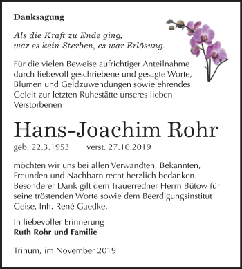 Traueranzeige von Hans-Joachim Rohr von Super Sonntag Köthen
