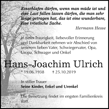 Traueranzeige von Hans-Joachim Ulrich von Mitteldeutsche Zeitung Bernburg
