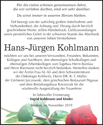 Traueranzeige von Hans-Jürgen Kohlmann von Wochenspiegel Mansfelder Land