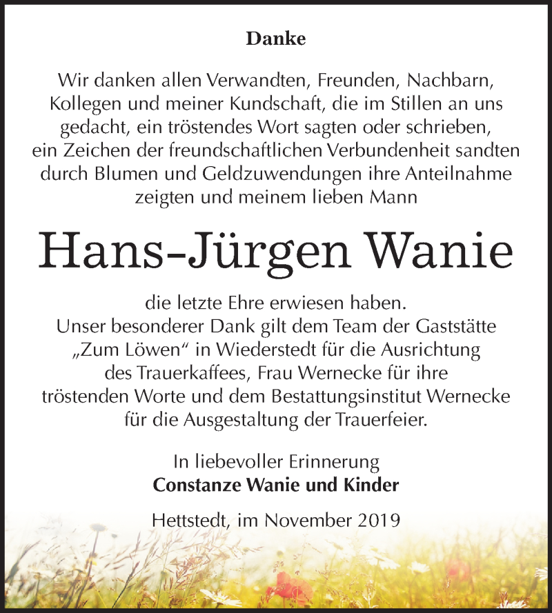  Traueranzeige für Hans-Jürgen Wanie vom 15.11.2019 aus Mitteldeutsche Zeitung Mansfelder Land