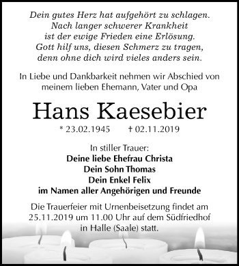 Traueranzeige von Hans Kaesebier von Mitteldeutsche Zeitung Halle/Saalkreis