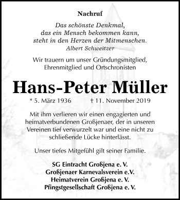 Traueranzeige von Hans-Peter Müller von Mitteldeutsche Zeitung Naumburg/Nebra
