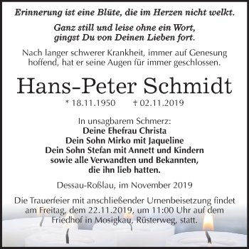 Traueranzeige von Hans-Peter Schmidt von Mitteldeutsche Zeitung Dessau-Roßlau