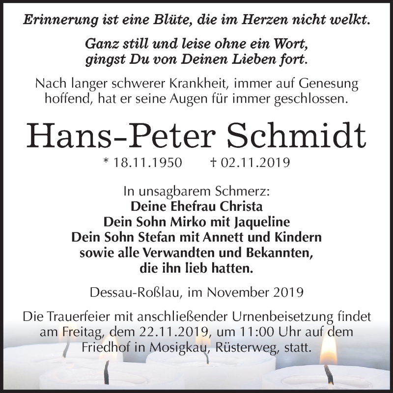  Traueranzeige für Hans-Peter Schmidt vom 09.11.2019 aus Super Sonntag Dessau-Roßlau