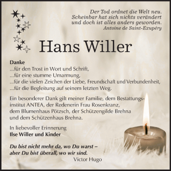 Traueranzeige von Hans Willer von Mitteldeutsche Zeitung Bitterfeld
