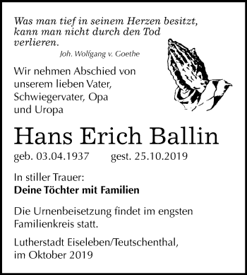 Traueranzeige von Hans Erich Ballin von Mitteldeutsche Zeitung Mansfelder Land