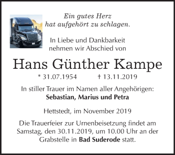 Traueranzeige von Hans Günther Kampe von Mitteldeutsche Zeitung Mansfelder Land / Quedlinburg