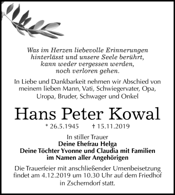 Traueranzeige von Hans Peter Kowal von Mitteldeutsche Zeitung Bitterfeld