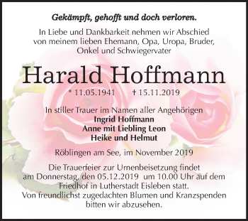 Traueranzeige von Harald Hoffmann von Mitteldeutsche Zeitung Mansfelder Land