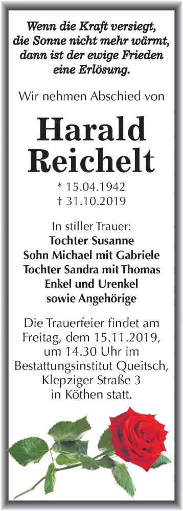  Traueranzeige für Harald Reichelt vom 09.11.2019 aus Mitteldeutsche Zeitung Köthen