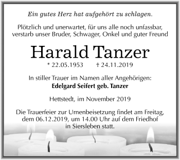 Traueranzeige von Harald Tanzer von Mitteldeutsche Zeitung Mansfelder Land