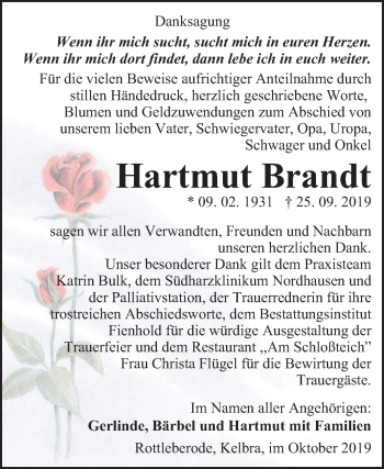 Traueranzeige von Hartmut Brandt von Super Sonntag Sangerhausen