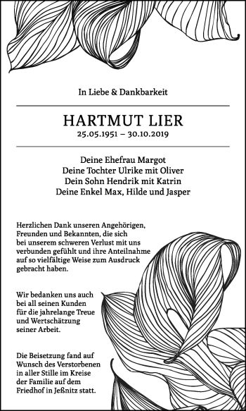 Traueranzeige von Hartmut Lier von Wochenspiegel Bitterfeld