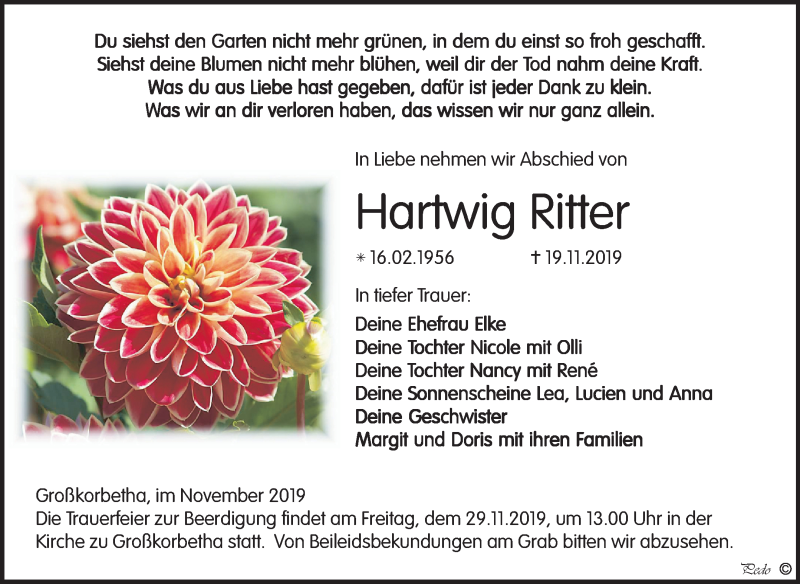  Traueranzeige für Hartwig Ritter vom 23.11.2019 aus Mitteldeutsche Zeitung Weißenfels