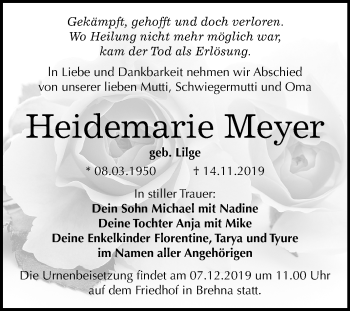 Traueranzeige von Heidemarie Meyer von Wochenspiegel Bitterfeld