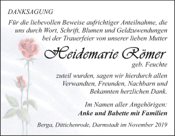 Traueranzeige von Heidemarie Römer von Mitteldeutsche Zeitung Sangerhausen