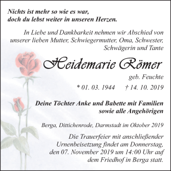 Traueranzeige von Heidemarie Römer von Mitteldeutsche Zeitung Sangerhausen