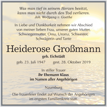 Traueranzeige von Heiderose Großmann von Wochenspiegel Naumburg/Nebra