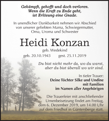 Traueranzeige von Heidi Konzan von Mitteldeutsche Zeitung Quedlinburg