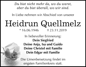 Traueranzeige von Heidrun Quellmelz von Mitteldeutsche Zeitung Bitterfeld
