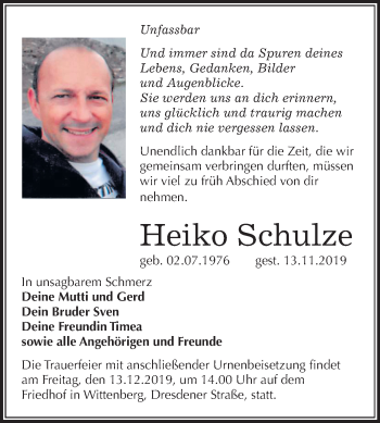 Traueranzeige von Heiko Schulze von Mitteldeutsche Zeitung Wittenberg