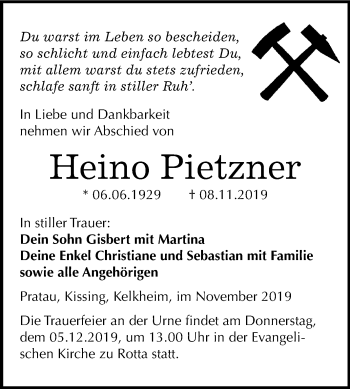 Traueranzeige von Heino Pietzner von Mitteldeutsche Zeitung Wittenberg