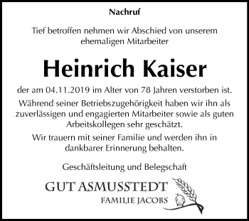 Traueranzeige von Heinrich Kaiser von Mitteldeutsche Zeitung Quedlinburg