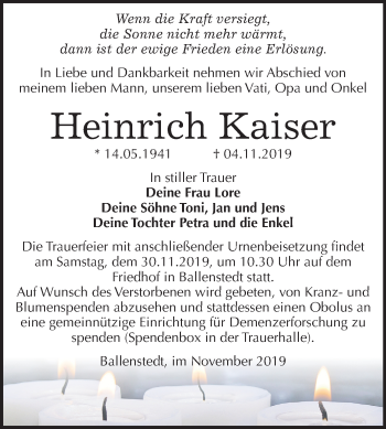 Traueranzeige von Heinrich Kaiser von Mitteldeutsche Zeitung Quedlinburg