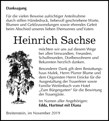 Traueranzeige von Heinrich Sachse von Mitteldeutsche Zeitung Sangerhausen