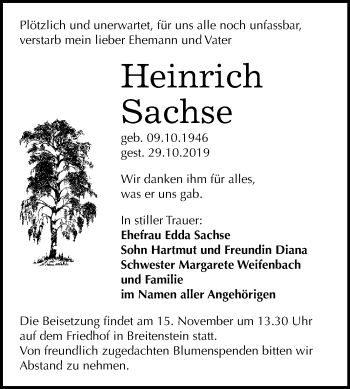 Traueranzeige von Heinrich Sachse von Super Sonntag Sangerhausen