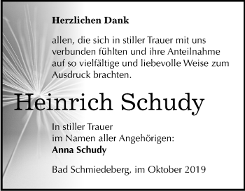Traueranzeige von Heinrich Schudy von Mitteldeutsche Zeitung Wittenberg