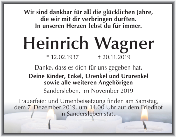 Traueranzeige von Heinrich Wagner von Mitteldeutsche Zeitung Mansfelder Land
