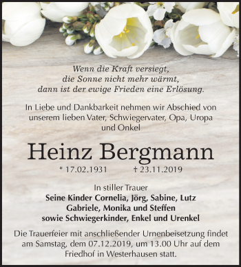Traueranzeige von Heinz Bergmann von Mitteldeutsche Zeitung Quedlinburg
