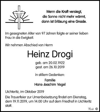 Traueranzeige von Heinz Drogi von Wochenspiegel Weißenfels