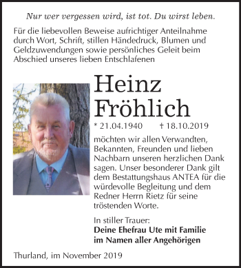 Traueranzeige von Heinz Fröhlich von Mitteldeutsche Zeitung Bitterfeld
