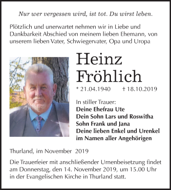 Traueranzeige von Heinz Fröhlich von Mitteldeutsche Zeitung Bitterfeld
