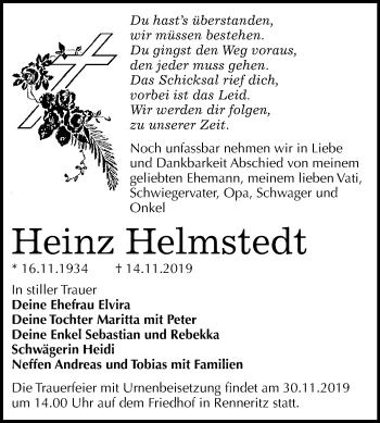 Traueranzeige von Heinz Helmstedt von Mitteldeutsche Zeitung Bitterfeld
